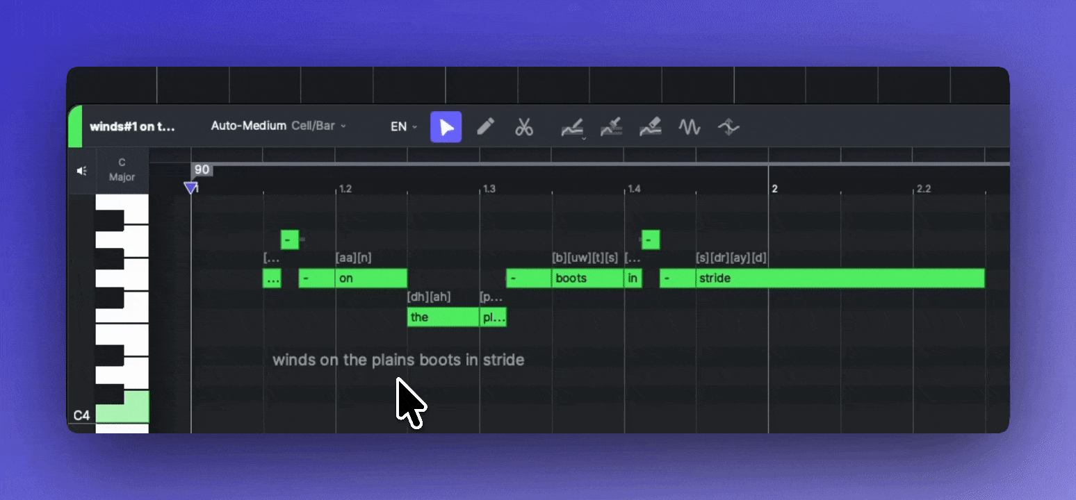 Editing note languages in ACE Studio piano roll.