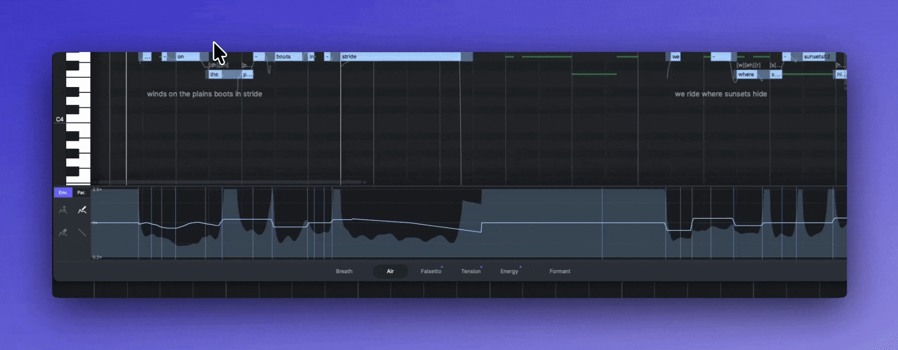 Using the 'Real Parameter' mode in ACE Studio to directly edit the generated vocal synthesis data.