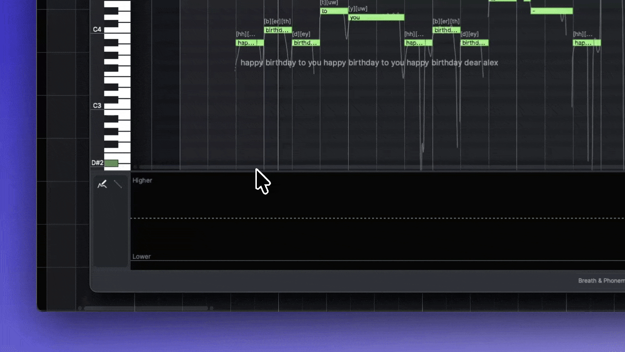 The Dynamic tab in ACE Studio, with a manually drawn envelope between two Auto regions.