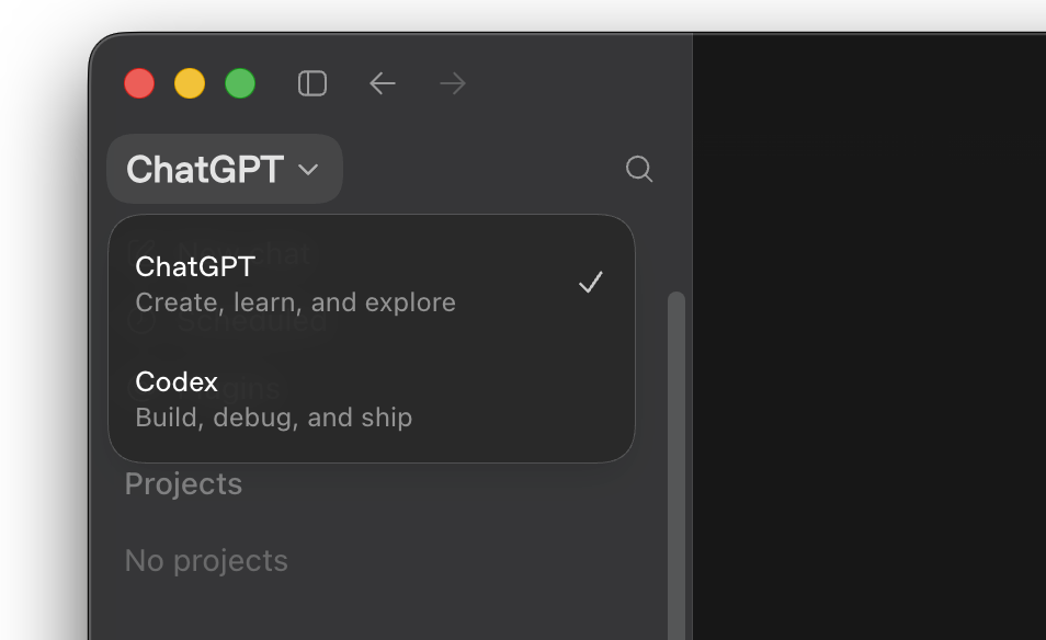 Mode selector in ChatGPT for desktop showing Codex