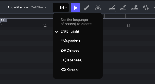 Change Singing Languages in ACE Studio piano roll.