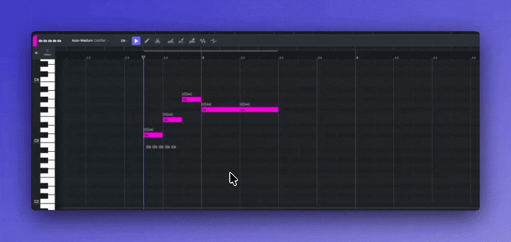 Typing lyrics line-by-line below in ACE Studio piano roll.